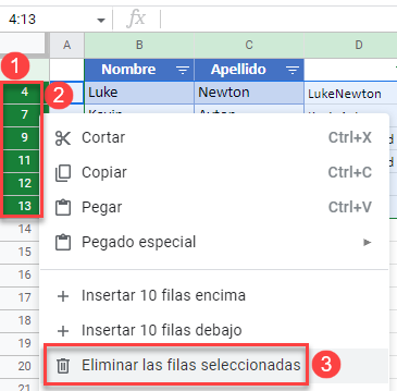 Eliminar Filas Seleccionadas en Google Sheets