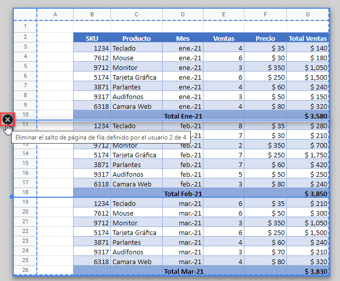 Eliminar Saltos de Página en Google Sheets