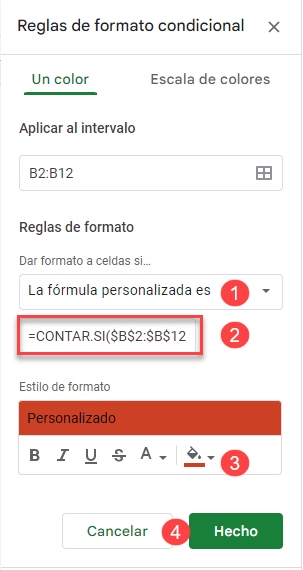 Formato Condicional Fórmula Personalizada en Google Sheets