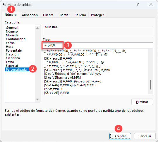 Formato Personalizado con Signo Más en Excel