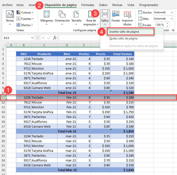 Insertar Saltos de Página en Excel