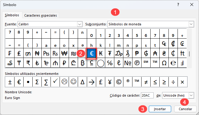 Insertar Signo de Euro Como Símbolo en Excel Cuadro de Símbolos