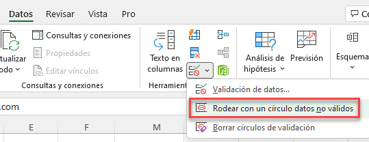 Opción Rodear con un Círculo Datos No Válidos en Excel