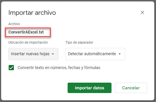 Pantalla Importar Archivo en Google Sheets