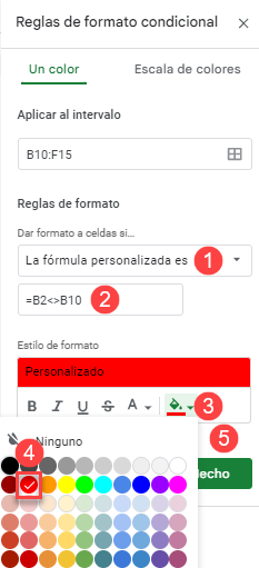 Regla de Formato Condicional en Google Sheets