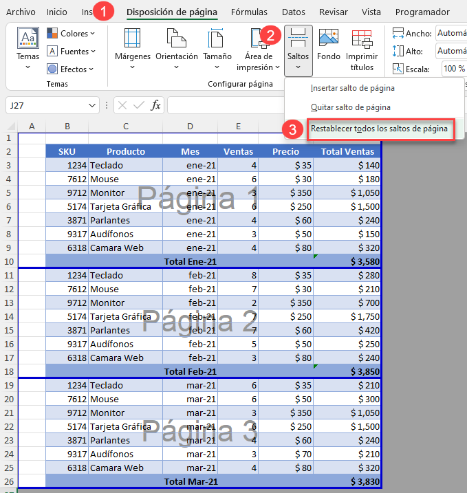 Restablecer Todos los Saltos de Página en Excel