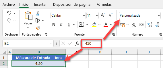 Resultado Máscara de Entrada de Datos Personalizada Hora en Excel