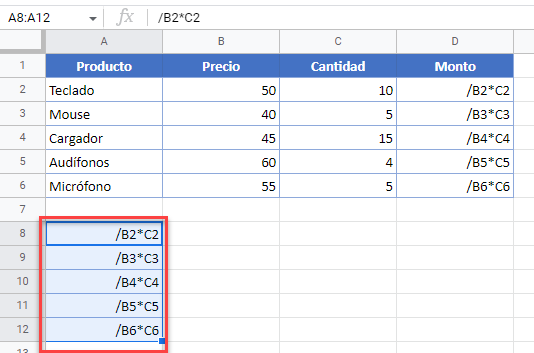 Resultado Pegar Rango en Google Sheets