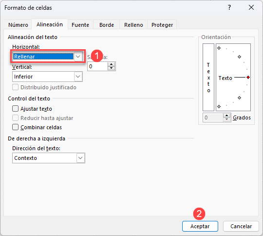 Seleccionar Rellenar en Alineación Horizontal del Texto en Excel