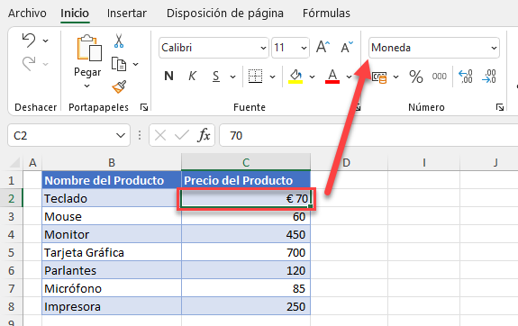 Signo de Euro Insertado en Excel