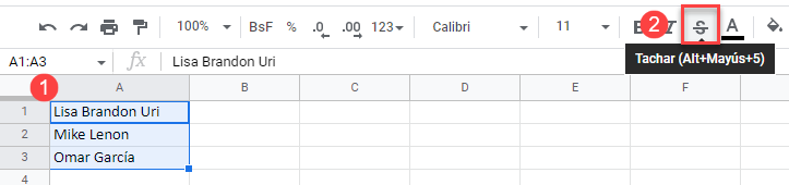 Tachado Barra de Herramientas en Google Sheets