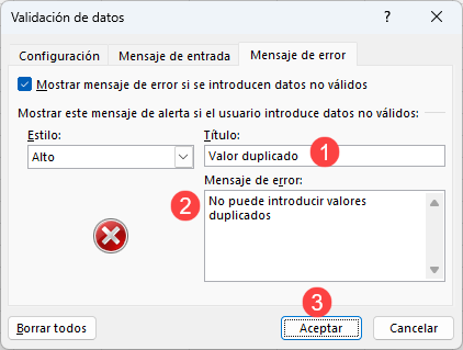 Validación de Datos Mensaje de Error