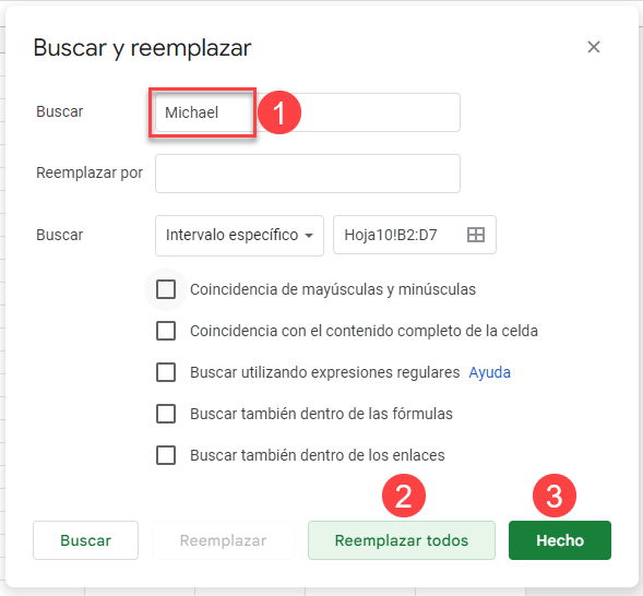 Ventana Buscar y Reemplazar en Google Sheets