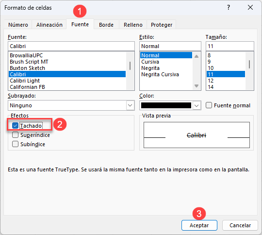 Ventana Formato de Celdas en Excel Tachado