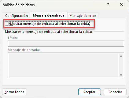 Ventana de Validación de Datos Mensaje de Entrada en Excel