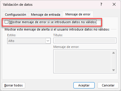 Ventana de Validación de Datos Mensaje de Error en Excel