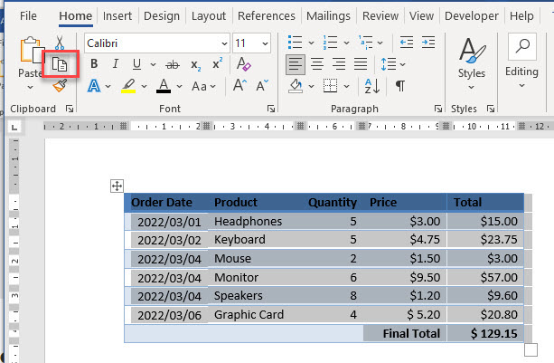 copy word table ribbon