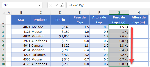 Arrastrar Fórmula Concatenación en Excel