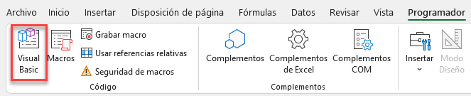 Botón Visual Basic Pestaña Programador en Excel