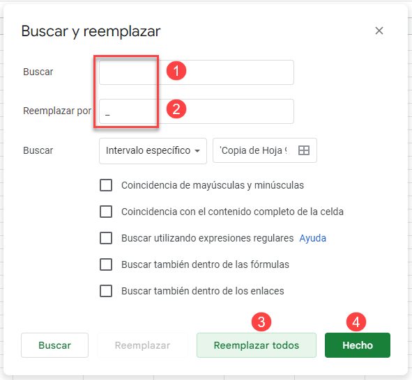 Buscar y Reemplazar Espacios por Guiones Bajos en Google Sheets Paso2