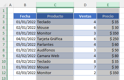 Columnas No Adyacentes Seleccionadas en Excel