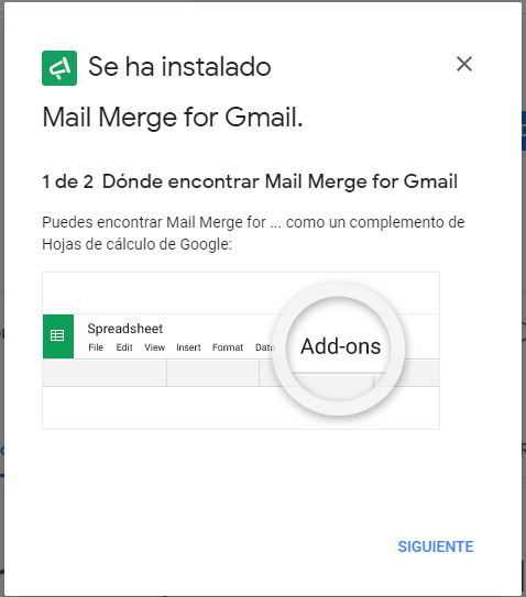 Complemento Instalado en Google Sheets