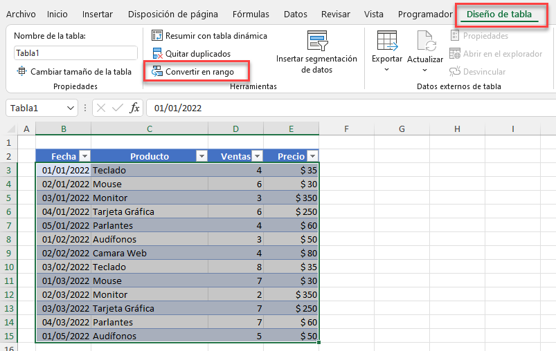 Convertir Tabla en Rango en Excel