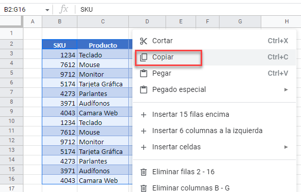 Copiar Tabla de Datos en Google Sheets