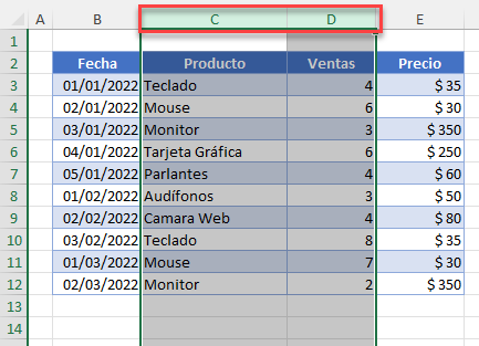 Datos Ejemplo Eliminar Columnas Adyacentes en Excel