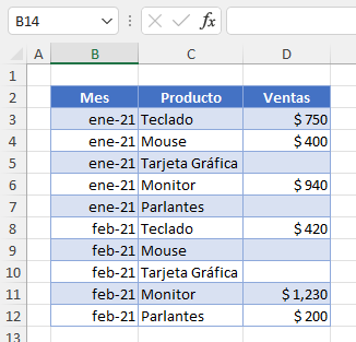 Datos-Ejemplo-Seleccionar Todas las Celdas con Valores en Excel
