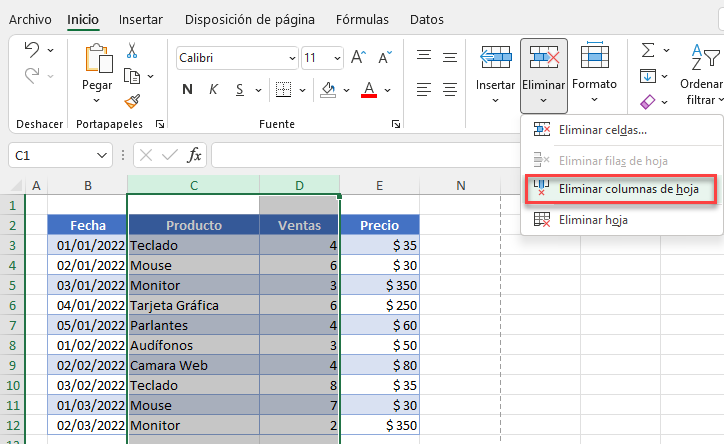 Eliminar Columnas Adyacentes Desde Menú en Excel