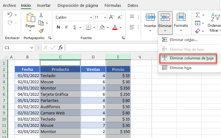 Eliminar Columnas No Adyacentes Seleccionadas Desde Menú en Excel