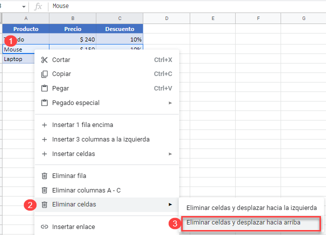 Eliminar Desplazar las Celdas hacia Arriba en Google Sheets