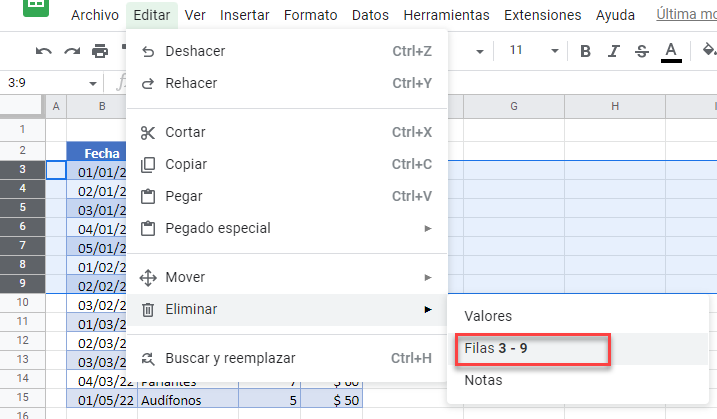 Eliminar Filas Adyacentes Seleccionadas Desde Menú en Google Sheets