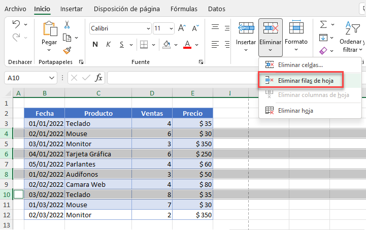 Eliminar Filas No Adyacentes Seleccionadas Desde Menú en Excel