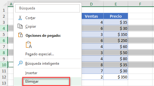 Eliminar Filas No Adyacentes Seleccionadas en Excel