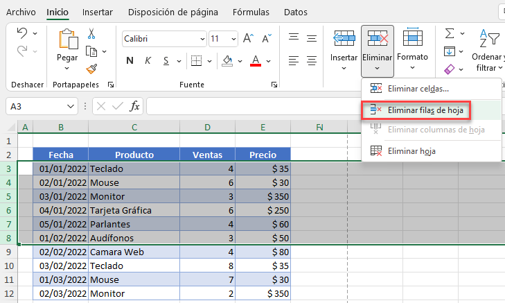 Eliminar Filas Seleccionadas Desde Menú en Excel