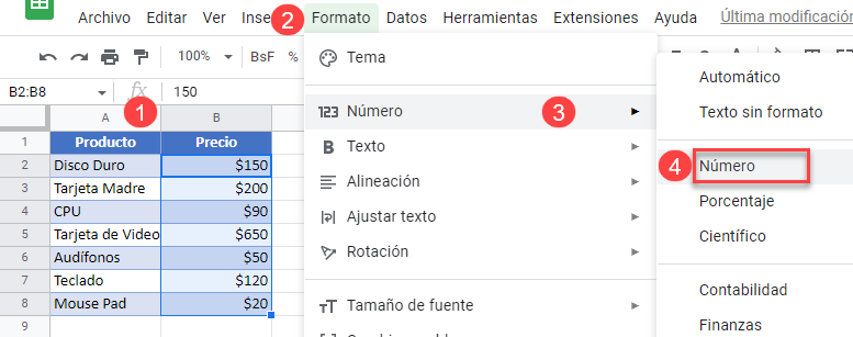 Eliminar el Signo Dólar en Google Sheets