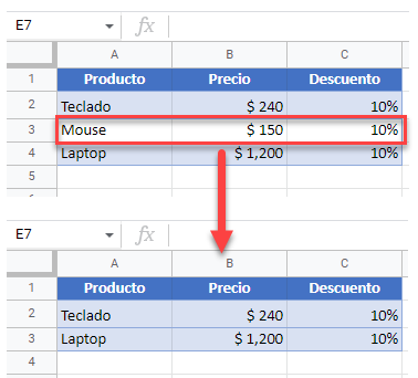 Eliminar y Desplazar Celdas hacia Arriba en Google Sheets