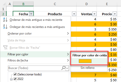 Filtrar por Color Ej2 en Excel