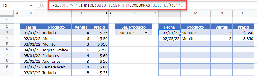 Filtro de Lista Desplegable en Google Sheets