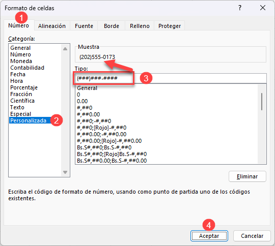 Formato de Celdas Números de Teléfono en Excel Paso2