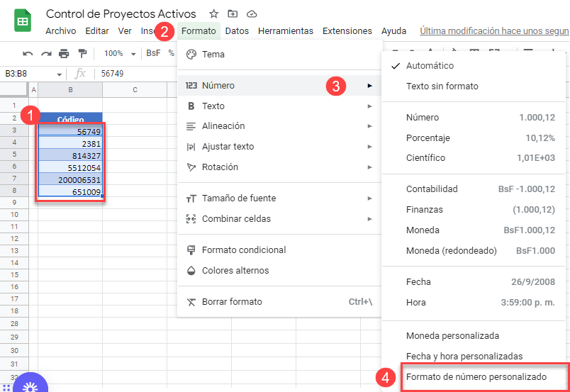 Formato de Número Personalizado Agregar Ceros en Google Sheets