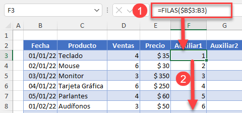 Función Filas en Excel