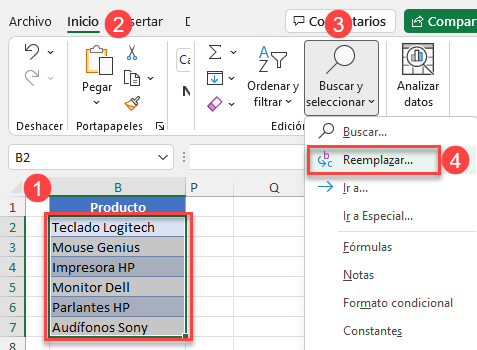 Función Reemplazar en Excel Paso1