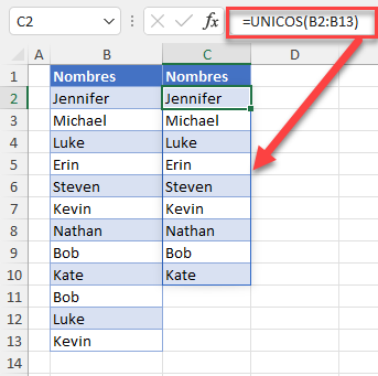 Función UNICOS en Excel