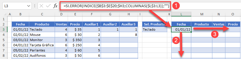 Funciones SIERROR INDICE COLUMNAS en Excel