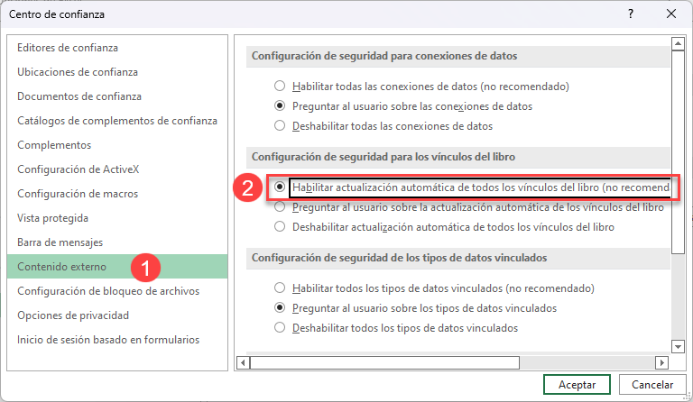 Habilitar Actualización Automática de Vínculos en Excel