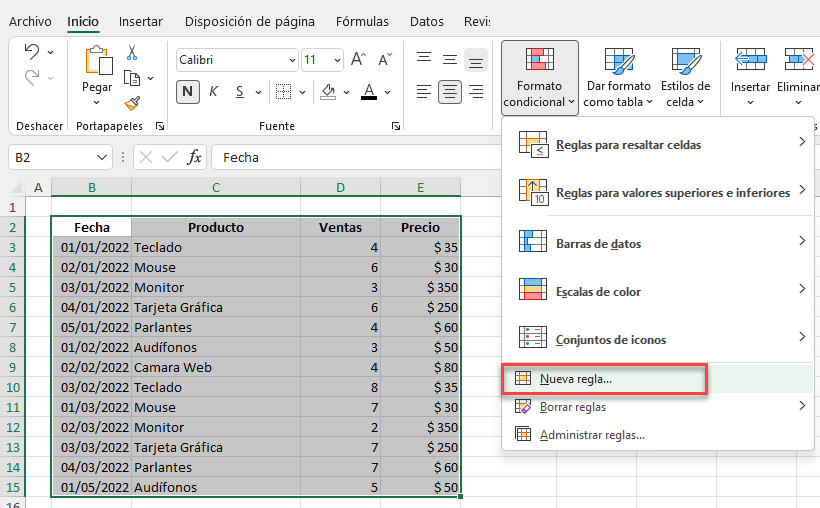 Insertar Nueva Regla de Formato Condicional en Excel