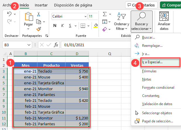 Ir a Especial en Excel Ej Seleccionar Celdas con Valores